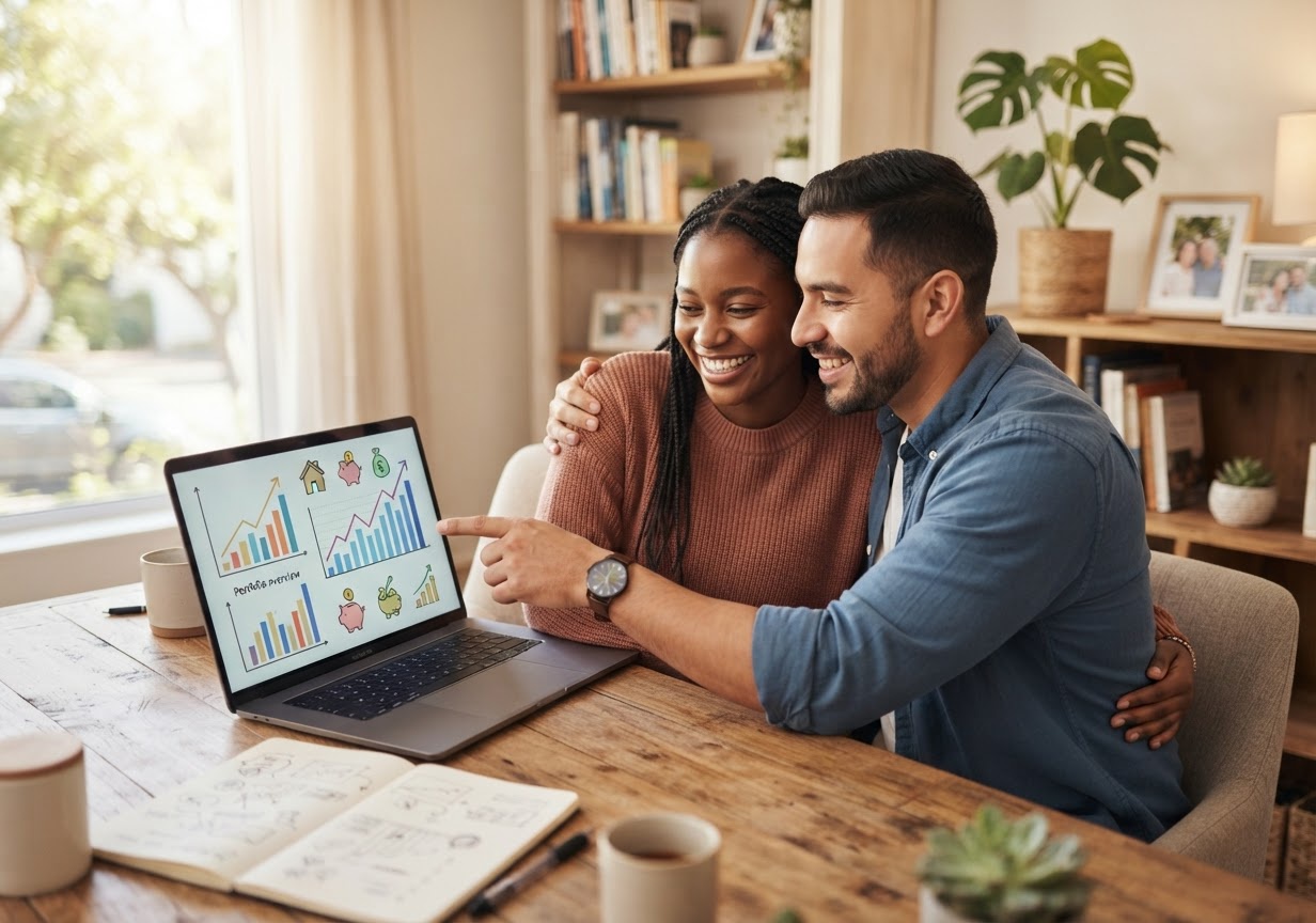 Happy customers reviewing finances
